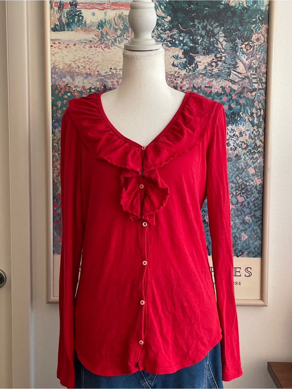 Lauren Ralph Lauren Red Ruffle Long Sleeve Top Sz S Cotton Modal Preppy Coquette